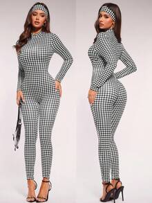 Radiana Women's Houndstooth Printed Casual Unitard Cropped Long Sleeve Zipper Design Stand Collar Jumpsuit - Multicolor - View 7