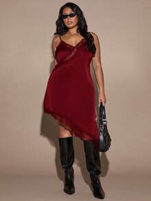 SHEIN BAE 大码宽松方肩修身半身裙垂褶环扣细节T恤裙街头风可爱优雅休闲性感秋季外出太妃糖色鸡尾酒裙，适合圣诞节、情人节、感恩节等场合，优雅连衣裙，棕色连衣裙 - 酒紅色 - 查看 1