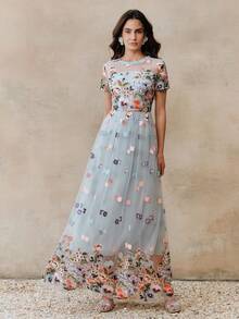 Anewsta Đầm chữ A màu hồng thanh lịch mới, thêu hoa, thích hợp cho kỳ nghỉ, tiệc sinh nhật dành cho nữ. - Màu xanh lam - Xem 6