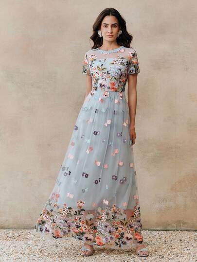 Anewsta Vestido elegante rosa de línea A con bordado floral para mujer, adecuado para vacaciones y fiestas de cumpleaños