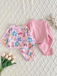 4件套新生女宝宝套装，可爱卡通彩虹老虎和花卉印花露肩T恤和裤子，粉色纯色长袖睡衣套装 - 粉色 - 查看 2