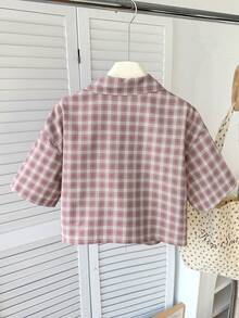 SHEIN 少女休闲日常复古格子短袖衬衫 - 粉色 - 查看 2