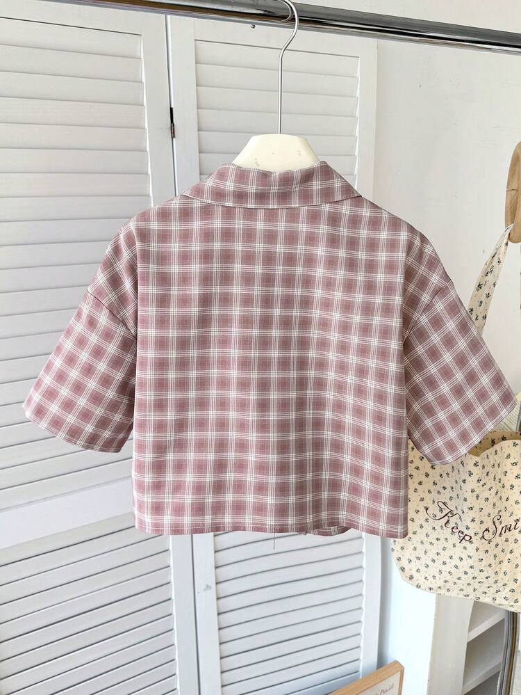SHEIN 少女休闲日常复古格子短袖衬衫 - 粉色 - 查看 2