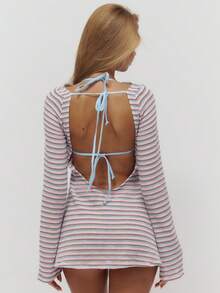 Musera Resort 斜领喇叭长袖针织迷你连衣裙沙滩罩衫夏季泳装针织沙滩服度假日常性感可爱旅行 Bambola - 彩色 - 查看 4