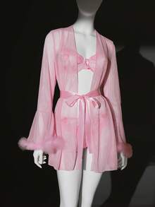 Seduluxe 4pcs Valentine's Day Date Night Lingerie Set: Thong, Long Sleeve Robe, And Belt - Pink - View 3