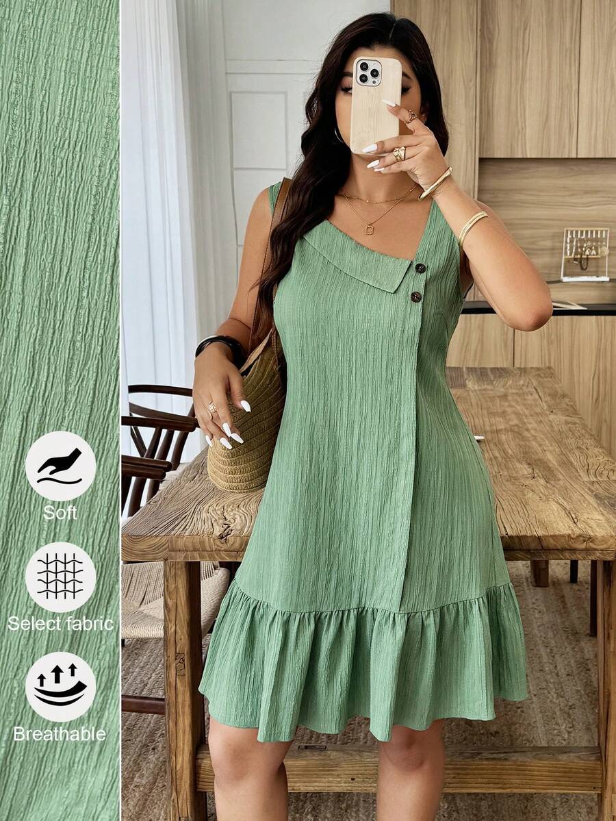Weeklong Plus Size Women's Asymmetrical Collar Buttoned Textured Fabric Ruffle Hem A-Line Short Sleeveless Dress, Casual Summer Holiday - Green - View 1