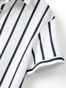 GlowEve 女士休闲通勤条纹开衫衬衫和高腰A字裙两件套，春夏款 - 藏蓝色 - 查看 4