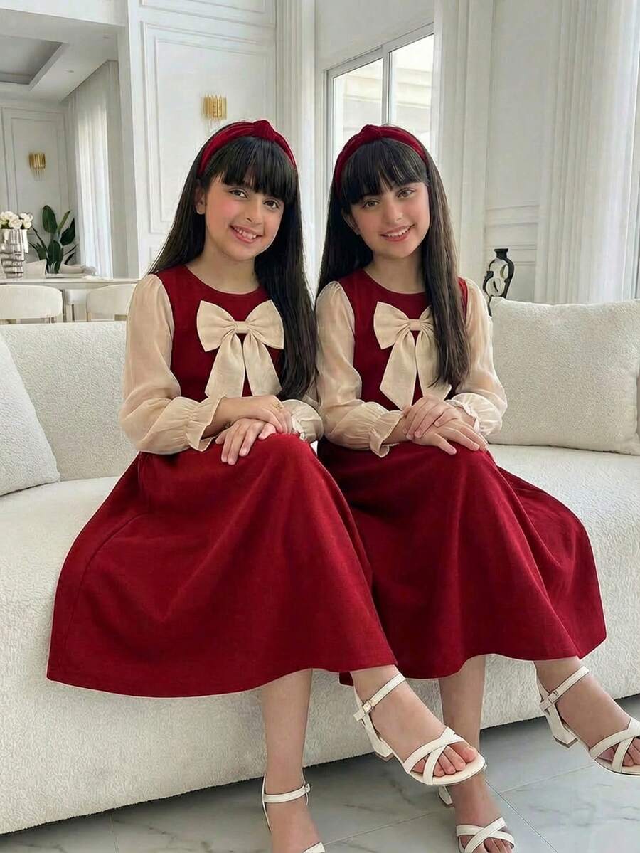 SHEIN Tween Girls Wedding/Tween Girl Elegant Cute Red Knitted Bow Long Sleeve Dress Valentine's Day Big Bow Dress, Red Dress Red Dress Sister - Red - View 1