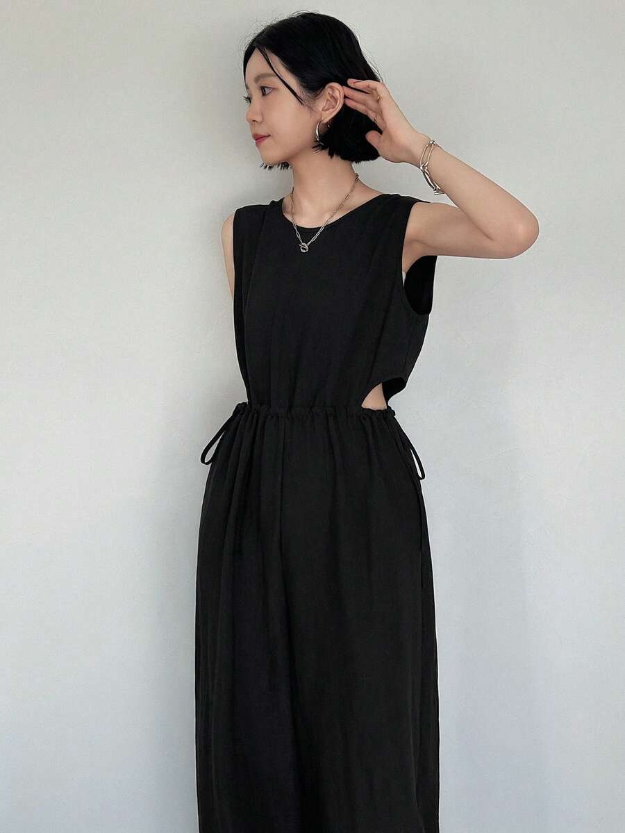 FRIFUL 女士夏季休闲纯色抽绳腰镂空无袖连体裤,女士家居服套装 - 黑色 - 查看 1