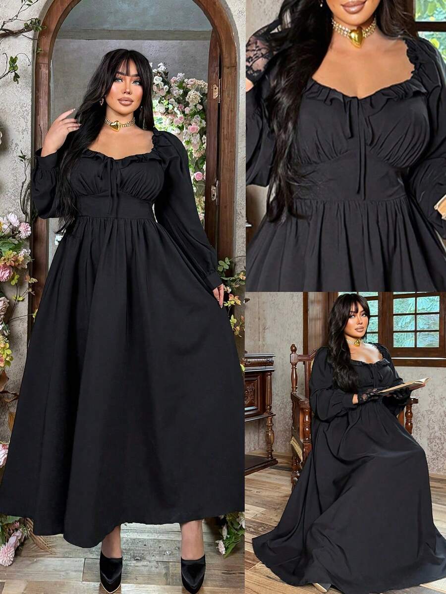 Lyrianda 大码爱心印花长泡泡袖方领中长连衣裙，春夏款 + 端庄 - 黑色 - 查看 1