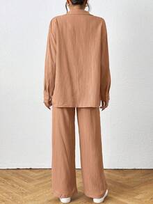 SHEIN PETITE Bộ đồ nữ màu trơn tối giản gồm áo dài tay và quần, thích hợp mặc hàng ngày. - trái cam - Xem 2