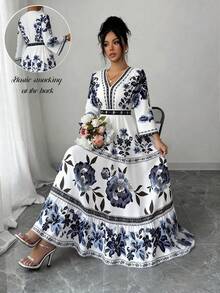 SHEIN Elenzya 女士印花喇叭袖收腰A字连衣裙，优雅百搭，适合度假、通勤、情人节、约会，展现法式街头风情，复古百搭，蓝白花卉植物印花，早春/春夏长袖中长连衣裙 - 彩色 - 查看 9