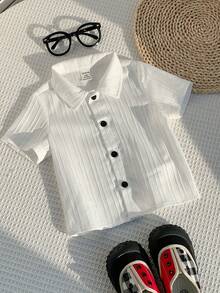 SHEIN 男女宝宝白色短袖翻领梭织休闲度假上衣，春夏男宝宝服装 - 白色 - 查看 4