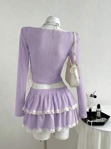 Elamini 两件套女士V领针织蕾丝边长袖上衣搭配蝴蝶结装饰蓬蓬裙，休闲甜美少女约会之夜装扮，适合圣诞派对、新年等场合，粉色 - 紫色 - 查看 2