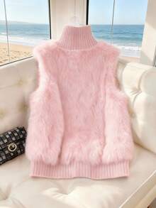 GlowEve 女士立领仿毛皮单排扣马甲，时尚百搭的秋冬休闲外套 - 粉色 - 查看 2