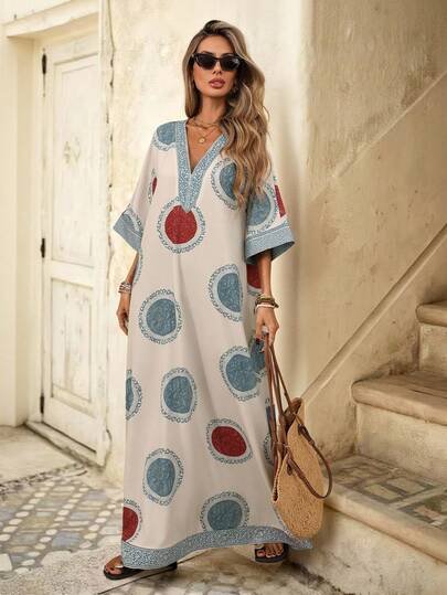 Breezaya Women's Elegant Retro Print V-Neck Loose Drop Shoulder Mid-Sleeve Dress