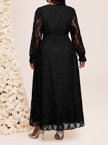 Fleurora Vestido de encaje de unicolor elegante talla grande, adecuado para fiestas - Negro - Ver 3