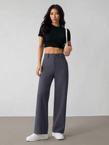 SHEIN PETITE 女款純色時尚腰帶直筒休閒褲兩件套，短版上衣與高腰寬褲，適合嬌小女性 - 深灰色 - 查看 4