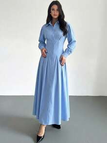 Firerie 女士休闲优雅系带纽扣连衣裙，适合通勤/蓝色A字裙/流行色/春季服装/教师装/精致衬衫裙/女士休闲连衣裙/显瘦连衣裙/女士正式连衣裙 - 藍色 - 查看 7