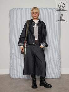 COUREZ 低腰长款阔腿原色牛仔短裤/Y2K夏季女式街头风外出棉质宽松牛仔裤生日夏季短裤 - 深色水洗藍 - 查看 1