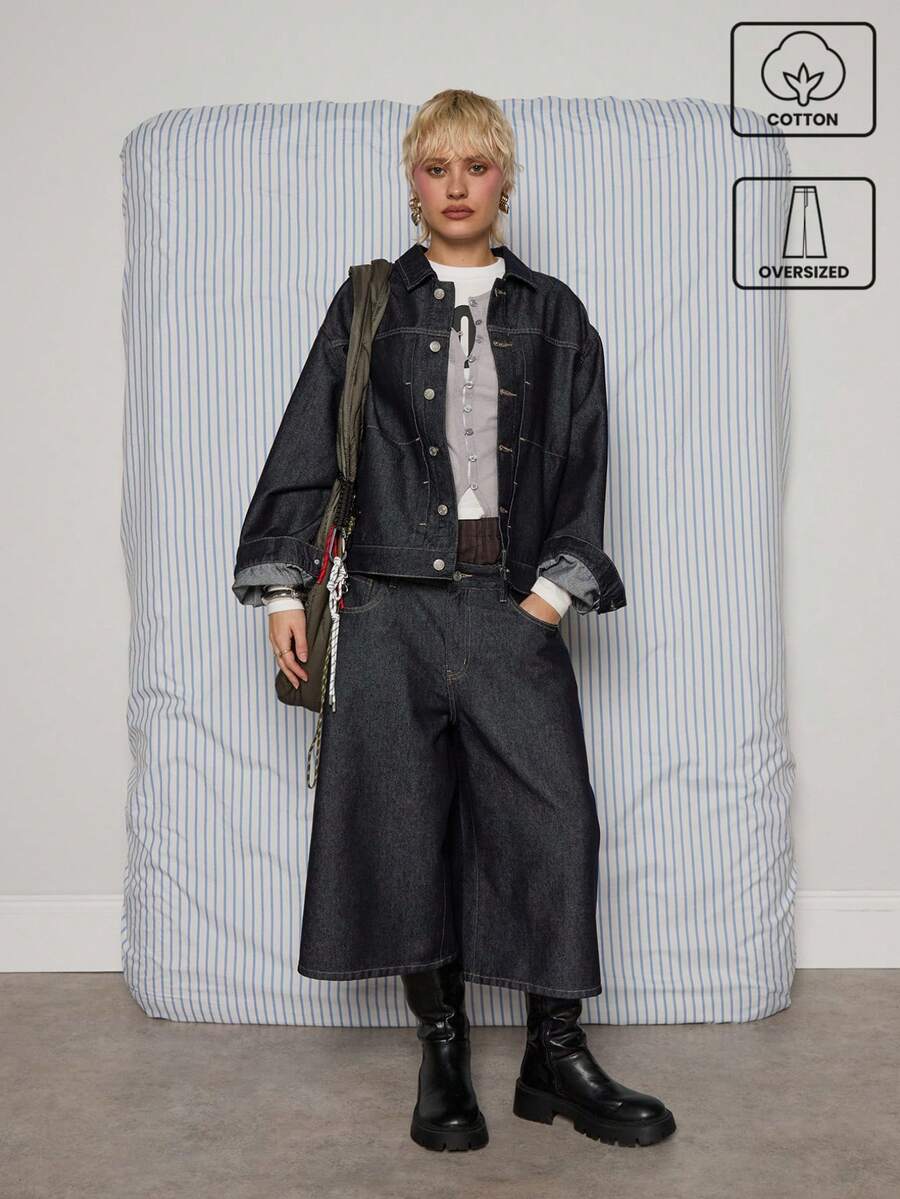 COUREZ 低腰长款阔腿原色牛仔短裤/Y2K夏季女式街头风外出棉质宽松牛仔裤生日夏季短裤 - 深色水洗藍 - 查看 1