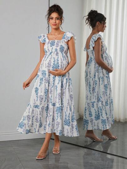 Momance 孕妇时尚碎花荷叶袖连衣裙