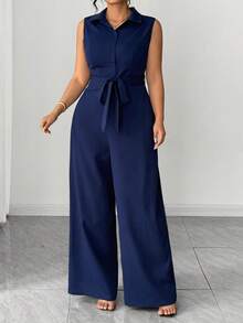 Elenzga Plus Size Women's Elegant Commuter Shirt Collar Short Sleeve Button Half-Open Cinched Waist Jumpsuit, Spring/Summer - Navy Blue - View 7