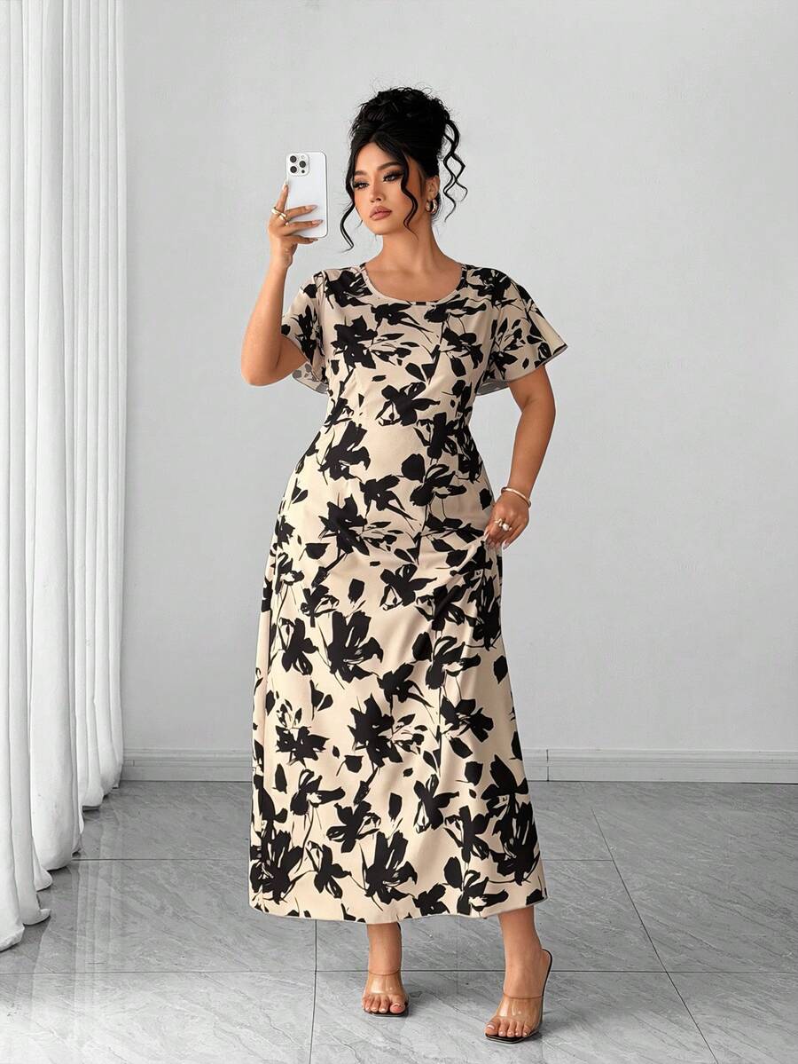 Elenzga Plus Size Women's Elegant Floral Print V-Neck Long Sleeve Waist Cinched A-Line Dress, Early Spring - Apricot - View 1