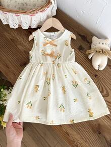 SHEIN 女婴休闲碎花连衣裙，饰有蝴蝶结，适合春夏季节、居家、户外、度假、日常穿着 - 彩色 - 查看 5