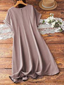 EMERY ROSE Plus Size Women Solid Color Lace Hollow Out Sleeveless Dress - Pink - View 2