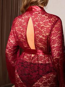 SHEIN Backless Lace Mesh & Faux Silk Sexy Robe - Burgundy - View 7