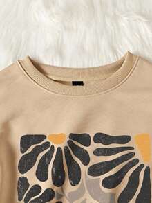 Attitoon بلوزة نسائية بطبعة هندسية زهرية بأسلوب بسيط وعادي، فضفاضة، مقاسات كبيرة، رقبة دائرية، مناسبة للخريف والشتاء - كاكي - مشاهدة 4