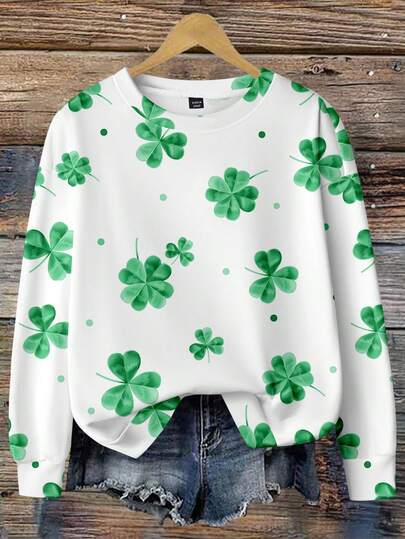EMERY ROSE Plus Size Women Clover Print Casual Crew Neck Long Sleeve Sweatshirt, Versatile For Daily Wear