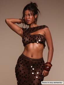 MUSERA Open Knit Sequin Off-The-Shoulder Crop Top Only Cover Up Swim Vacation Holiday Summer Travel Beachwear Terra Sol - Chocolate Brown - View 1