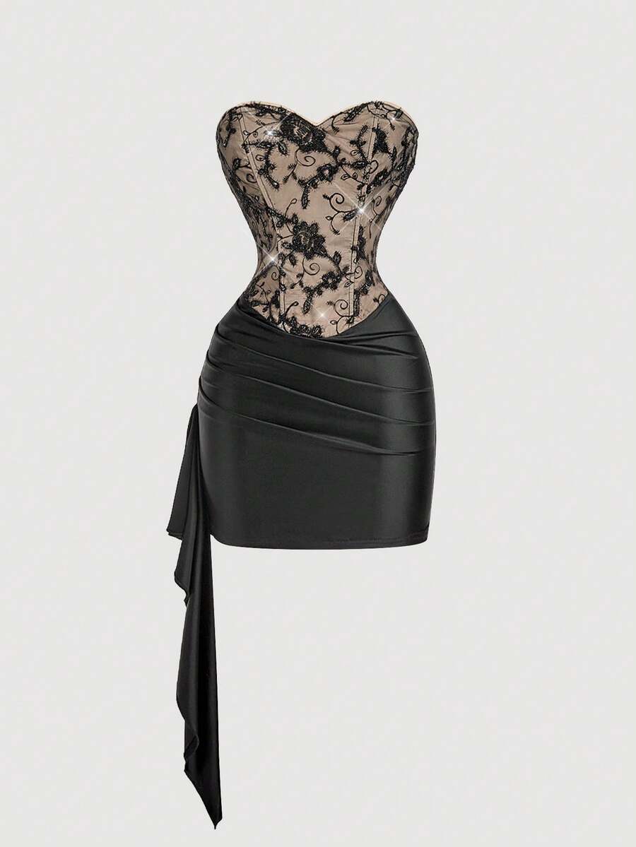 SHEIN MOD Đầm ngắn nữ đính cườm, thêu nhún, xếp ly, kiểu dáng thời trang, thích hợp dự tiệc, xòe rộng, ôm sát cơ thể, đầm ngắn màu đen, trang phục Giáng sinh cho nữ, đầm Giáng sinh màu đen. - Nhiều màu - Xem 1