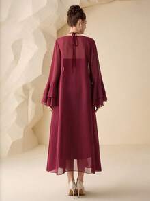 Modelyn Conjunto elegante de 2 piezas para mujer: Chaqueta de manga larga de gasa en borgoña y vestido de línea A con cintura ceñida y escote halter metálico, para primavera/verano - Burdeos - Ver 2