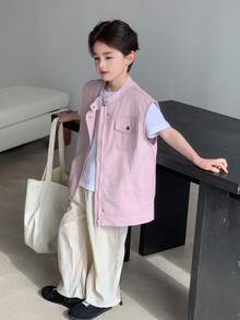 DAZY 男童休闲纯色无袖宽肩外套，春夏款 - 粉色 - 查看 6