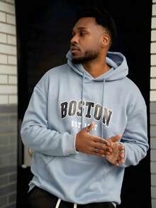 Heavens Edit Men's Boston Letter Print Casual Hoodie Sweatshirt, Back To School, Autumn/Winter, Long Sleeve Top - Baby Blue - View 3