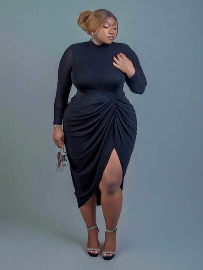 CurvyTilda 大码女式优雅性感生日派对黑色网眼薄纱高领长袖垂褶高开衩下摆紧身长裙圣诞装场合礼服舞会礼服