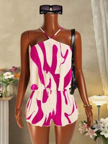 Mistrie Women's Summer Beach Vacation Style All-Over Print Pleated Halter Romper - Hot Pink - View 6