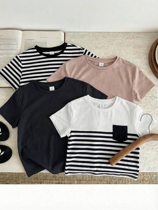 SHEIN 3+1, Conjunto com 4 peças de camisetas listradas de manga curta e gola redonda para meninos e meninas. Confortáveis, acessíveis e versáteis, perfeitas para o dia a dia. Ideais para primavera/verão, ocasiões casuais, esportes, passeios, escola, encontros, férias, ensaios fotográficos e volta às aulas.