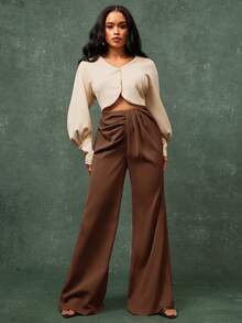 Vixey 女士纯色高腰褶裥优雅喇叭裤 - 棕色 - 查看 3