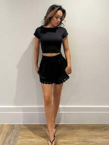 RebeccaVibe Summer Clothes Women Beach Vacation , Lace Trim Tie Waist Cover Up Shorts - Black - View 4