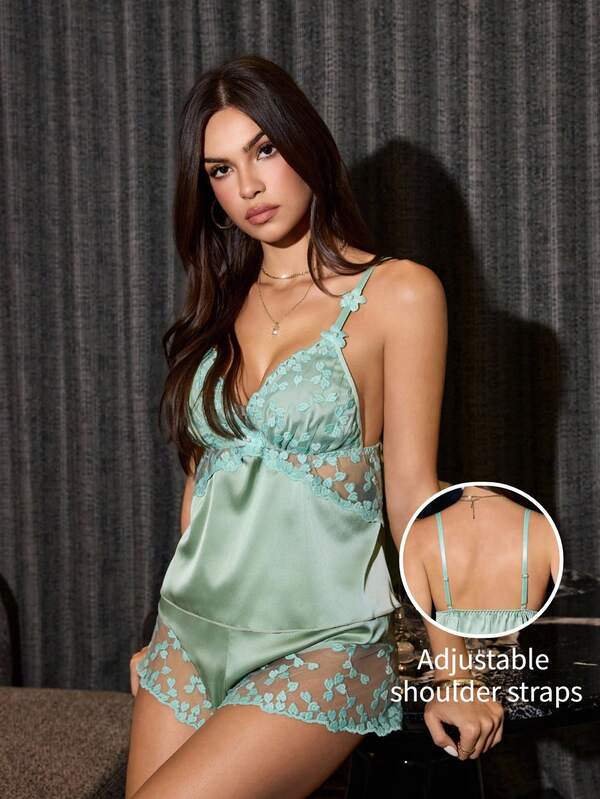 SilkySpell Delicate 3D Embroidery Patchwork Satin Sexy Backless Camisole & Shorts Pajama Set Sexy Nightwear Babydoll Lingerie Set