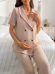 Moonlight&Mama Bộ đồ ngủ bà bầu 2 món, cổ ve áo phối màu tương phản, cài khuy đôi, tay ngắn, dáng rộng. - Màu Khaki - Xem 4