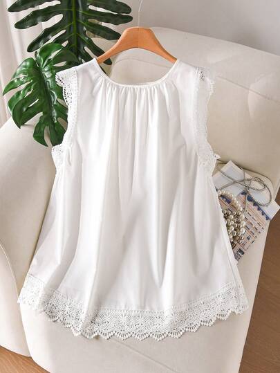 CosyJoli Plus Size Women Lace Trim Blouse, Casual Ladies Apparel, White Shirt, Sleeveless Tops For Women In Spring/Summer, Lace Sleeve Blouse