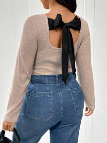 SHEIN Frenchy Apricot Rib Knit Square Neck Long Sleeve Plus Size T-Shirt Casual Regular Length Top - Apricot - View 2