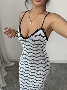 SHEIN Elenzya Wavy Striped Halter Neck Ruffle Trim Spaghetti Strap V-Neck Backless Bow Tie Women Sweater Dress - Multicolor - View 6