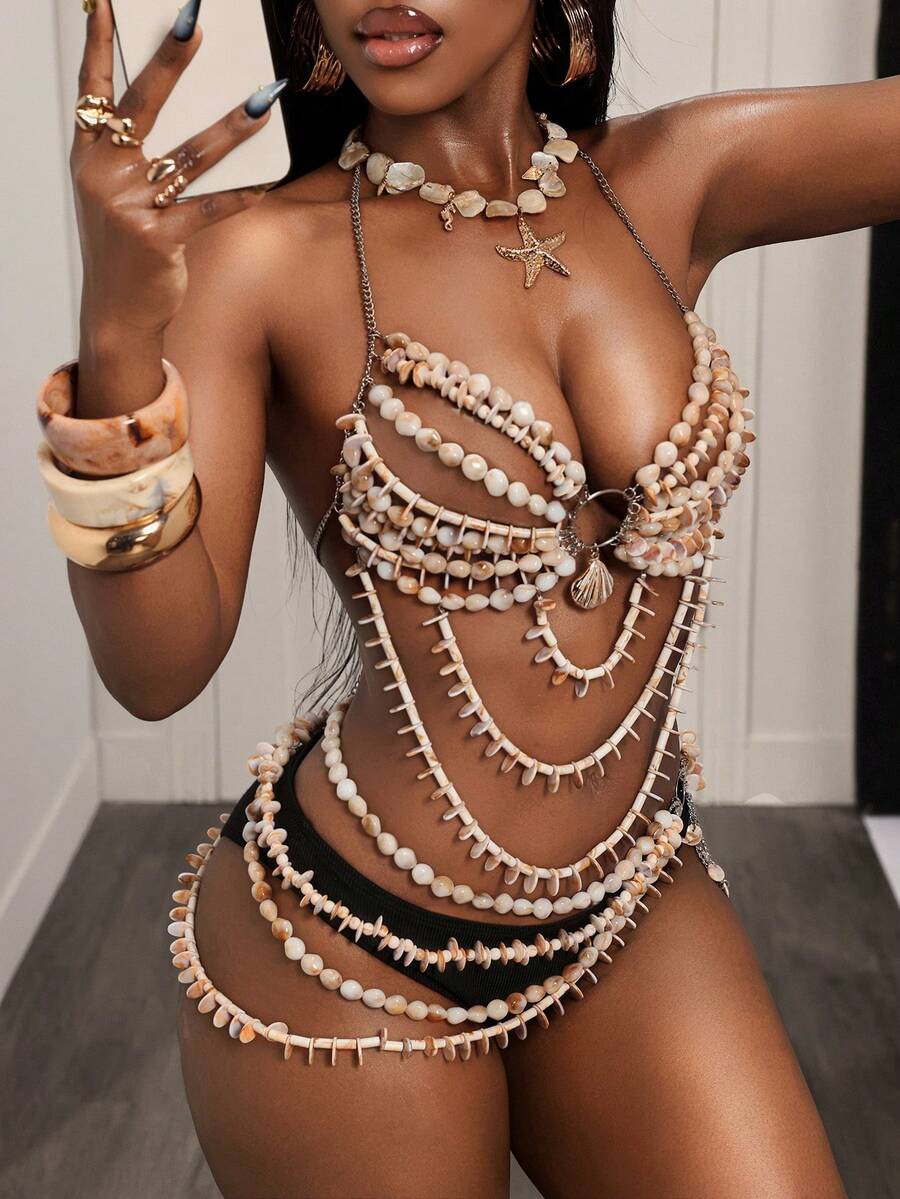 BamGleam 女士夏季度假贝壳串珠性感比基尼套装 - 米色 - 查看 1