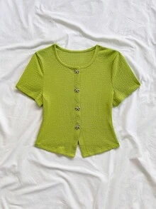 Soleia Women's Fluorescent Green Metallic Bow Decor Fashionable New Short Sleeve Top - Green - View 5